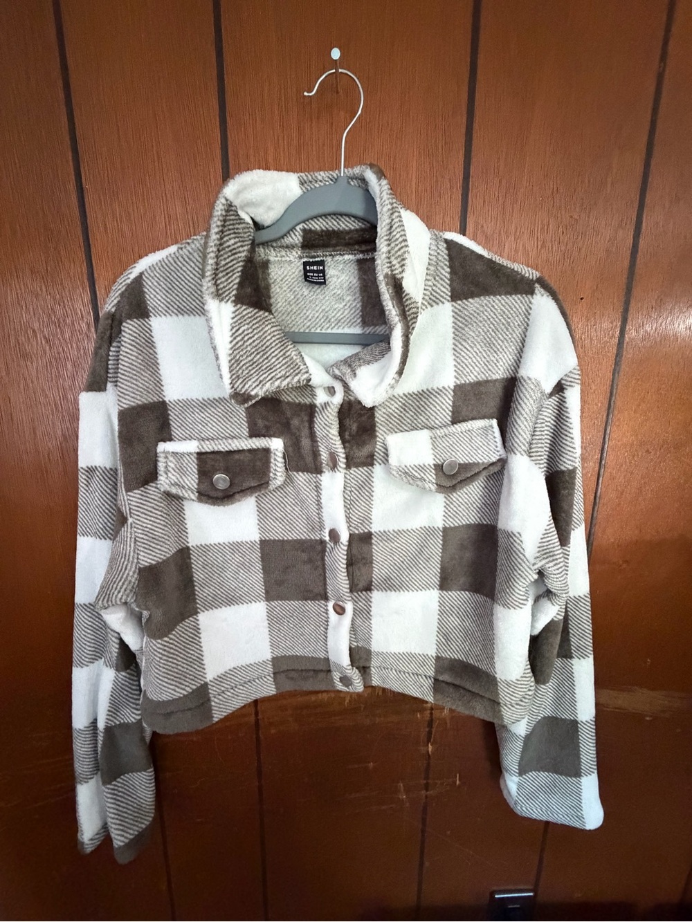 SHEIN Brown & White Plaid Plush Cropped Jacket